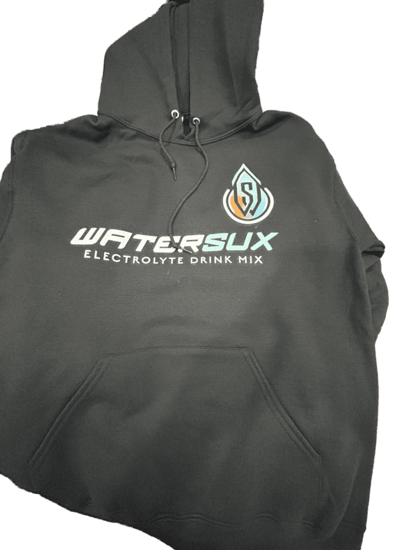 A black hoodie with the words watersux electrolyte drink mix on it.